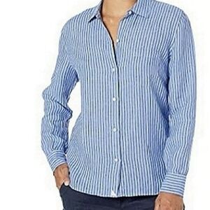 UNTUCKit Womens M 8 NWT Linen VILLA FIORE Shirt Top Coastal Nautical Blue White